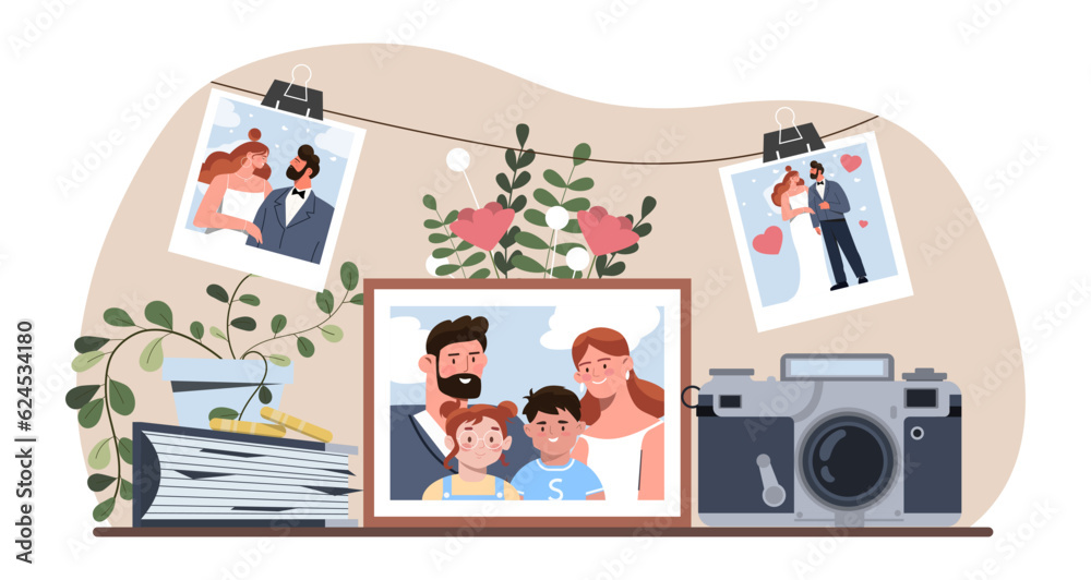 Set of wedding photos concept. Man and woman in suit and dress, bride and groom. Wedding ceremony and marriage. Family with kids, father, mother and children. Cartoon flat vector illustration