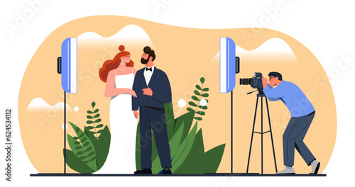 Wedding photo shoot concept. Man and woman in suit and dress with paparazzi. Brige and groom. Wedding ceremony and marriage. Love and romantic relationships. Cartoon flat vector illustration