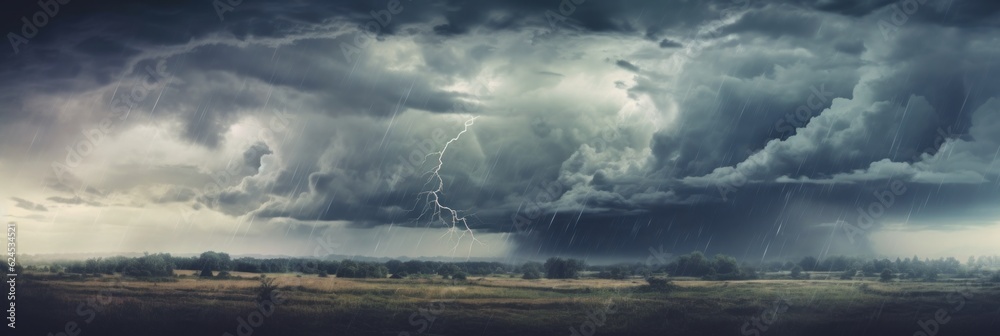 Obraz premium Dark cloudy sky before thunderstorm panoramic background. Storm heaven panorama. Generative AI
