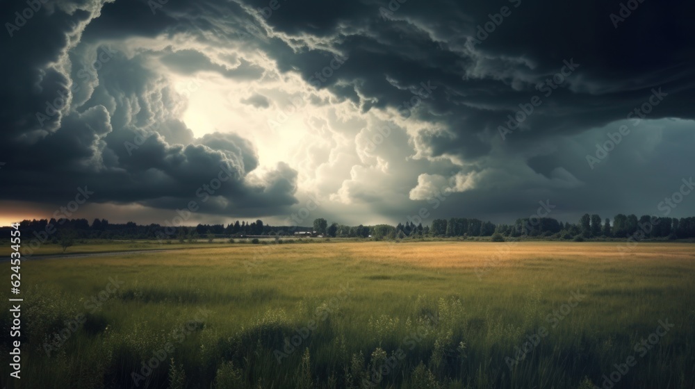 Dark cloudy sky before thunderstorm panoramic background. Storm heaven panorama. Generative AI