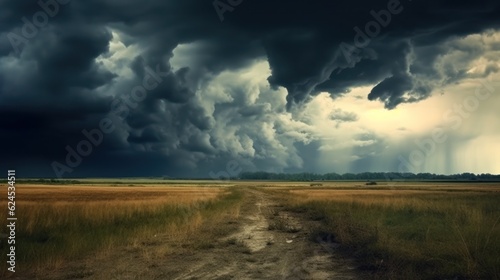 Dark cloudy sky before thunderstorm panoramic background. Storm heaven panorama. Generative AI