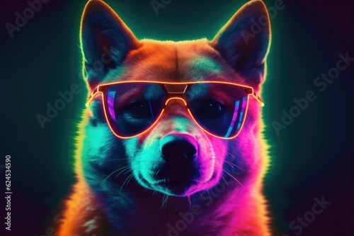 Photographie Portrait of a Shiba Inu dog in a neon glow