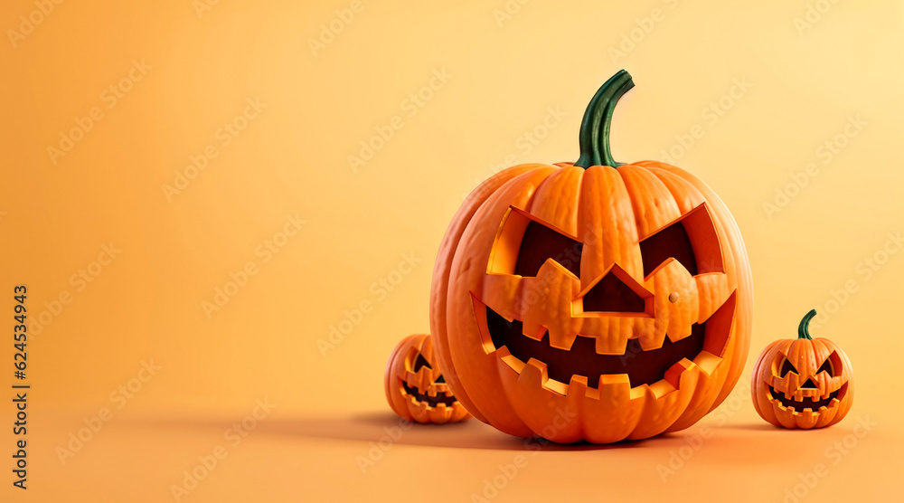 Halloween banner background with copy space. Group of three Jack O lantern pumpkins on yellow background. AI Generative Halloween banner background with copy space. Group of three Jack O lantern pumpkins on yellow background. AI Generative