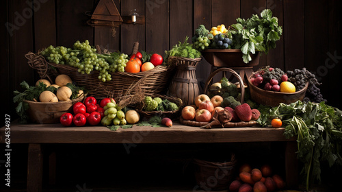 A rustic wooden table adorned with a variety of freshly picked fruits and vegetables