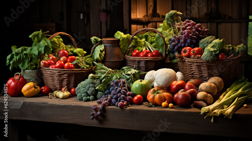 A rustic wooden table adorned with a variety of freshly picked fruits and vegetables