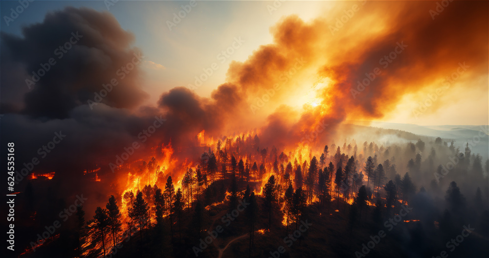Fototapeta premium Mégafeu - Incendie de forêt - Grand feu hors normes ravageant des surfaces boisés avec des flammes géantes - Réchauffement climatique et désastre écologique - vu depuis le ciel