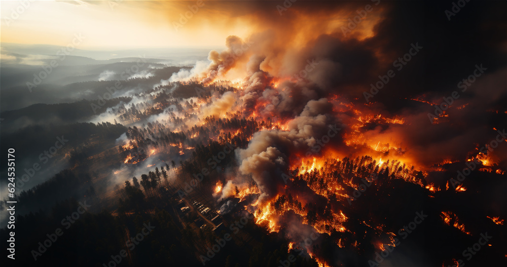 Mégafeu - Incendie de forêt - Grand feu hors normes ravageant des surfaces boisés avec des flammes géantes - Réchauffement climatique et désastre écologique - vu depuis le ciel - obrazy, fototapety, plakaty 