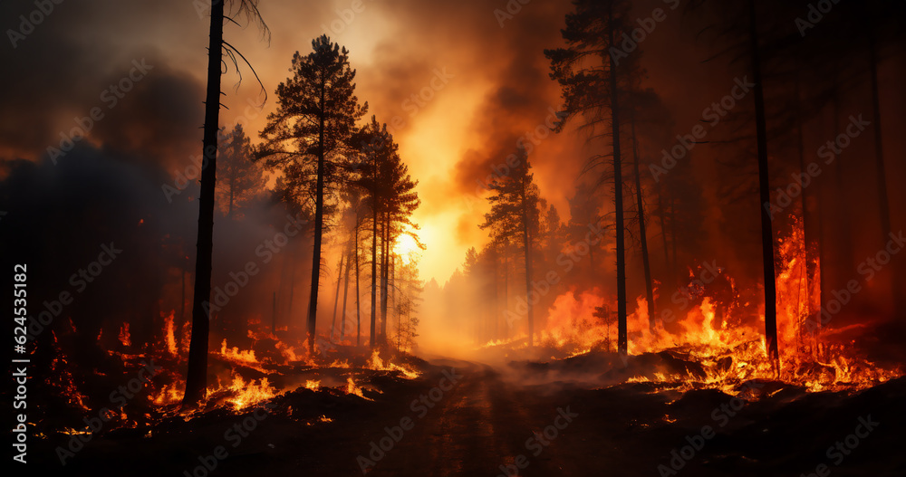 Mégafeu - Incendie de forêt - Grand feu hors normes ravageant des surfaces boisés avec des flammes géantes - Réchauffement climatique et désastre écologique - vu depuis le sol - obrazy, fototapety, plakaty 