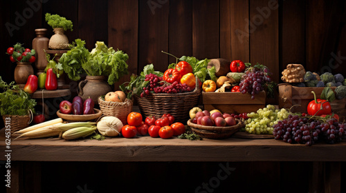 A rustic wooden table adorned with a variety of freshly picked fruits and vegetables