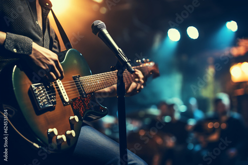  detail of Guitarists on stage for background holding guitar and playing