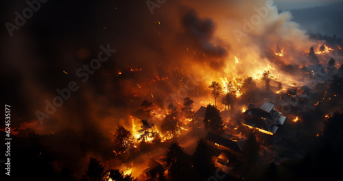 Mégafeu - Incendie de forêt - Grand feu hors normes ravageant des surfaces boisés avec des flammes géantes - Réchauffement climatique et désastre écologique - vu depuis le ciel © Romain TALON
