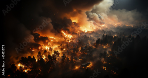 Mégafeu - Incendie de forêt - Grand feu hors normes ravageant des surfaces boisés avec des flammes géantes - Réchauffement climatique et désastre écologique - vu depuis le ciel photo