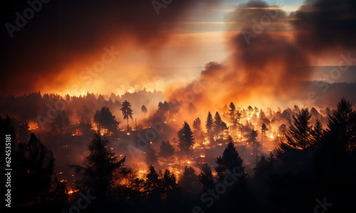 Mégafeu - Incendie de forêt - Grand feu hors normes ravageant des surfaces boisés avec des flammes géantes - Réchauffement climatique et désastre écologique - vu depuis le ciel