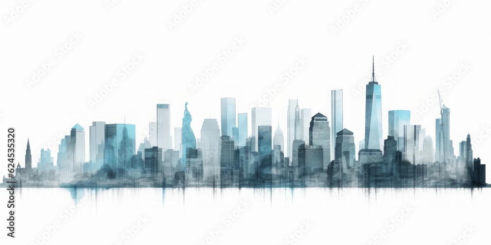 panorama of new yourk pencil drawing, Silhouette of New York Skyline in Light Blue Pencil Drawing, an Artistic Interpretation of Iconic Landmarks on a Serene White Background