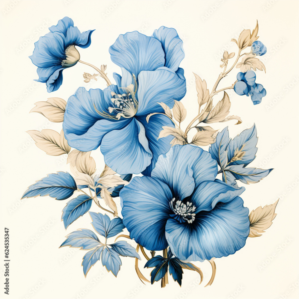 vintage blue abstract flowers, illustration, AI generation.