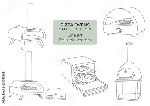 	
Set of hand drawn editable vector line art illustrations of pizza ovens
