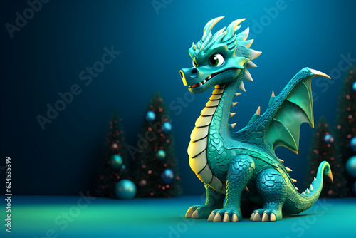 realistic green dragon  Christmas background. illustration  AI generation.