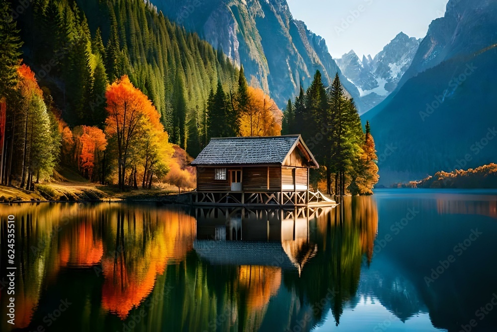 Fototapeta premium An eye-cathcing scene of a lake in the cradle of a mountain with a wooden hut - AI generative