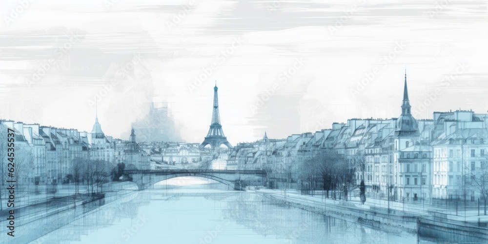 panorama of paris pencil drawing, Silhouette of Paris Skyline in Light Blue Pencil Drawing, an Artistic Interpretation of Iconic Landmarks on a Serene White Background