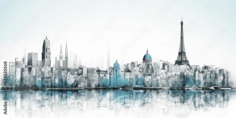 panorama of paris pencil drawing, Silhouette of Paris Skyline in Light