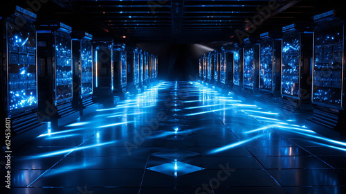 Row of network servers with LED lights