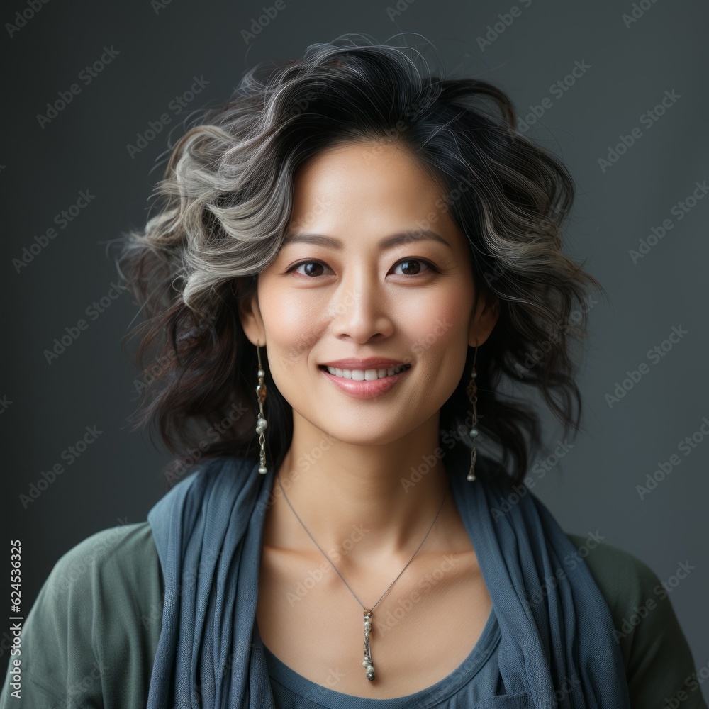 Fotografia do Stock: Portrait of smiling middle aged Asian woman with ...