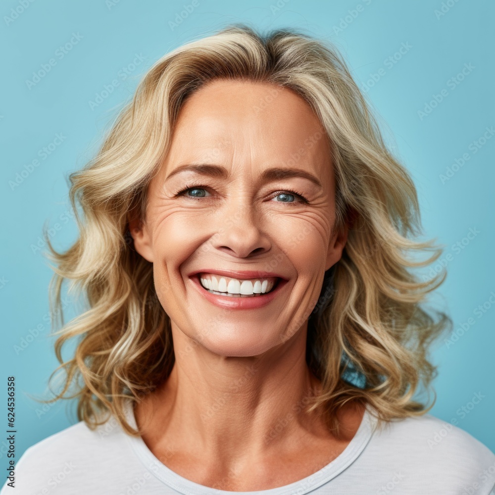 Portrait of a smiling middle aged woman with gray hair on blue background. Happy middle aged Caucasian woman with smile and wavy hair in casual clothes. Cheerful European woman with shiny white teeth. Portrait of a smiling middle aged woman with gray hair on blue background. Happy middle aged Caucasian woman with smile and wavy hair in casual clothes. Cheerful European woman with shiny white teeth.
