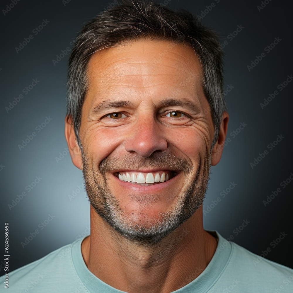Obraz premium Portrait of a smiling middle aged man with gray hair. Closeup face of a handsome middle-aged Caucasian man smiling at camera on blue background. Front view, happy senior European man in a blue shirt.