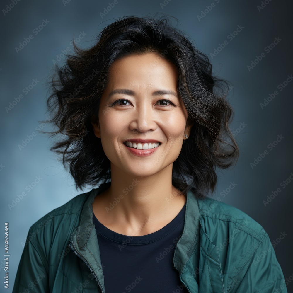 Portrait of smiling middle aged Asian woman with black hair on gray ...