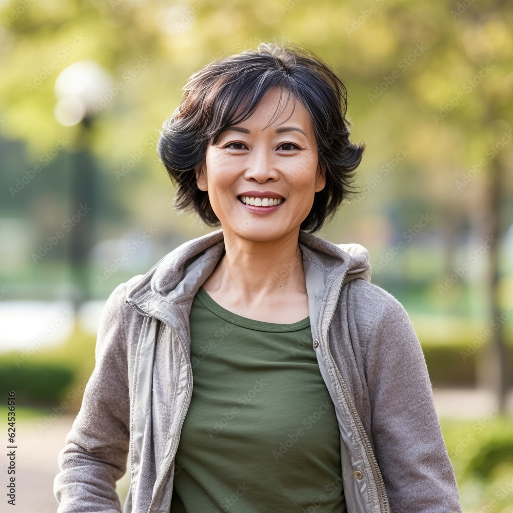 Good looking Asian woman smiling in the park. Portrait of middle aged Japanese woman smiling at camera outdoors. Lovely happy middle aged Chinese female walking in a garden. .