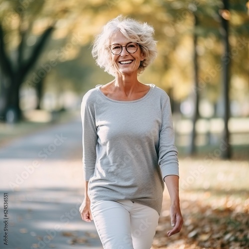 European woman wearing glasses smiling in the park. Portrait of a good looking middle aged Caucasian woman smiling at camera outdoors. Lovely happy middle aged European female walking in a garden. .