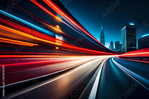 Night cityscape with colourful car lights trails