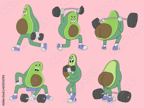 set of vector avocado characters doing gym activities