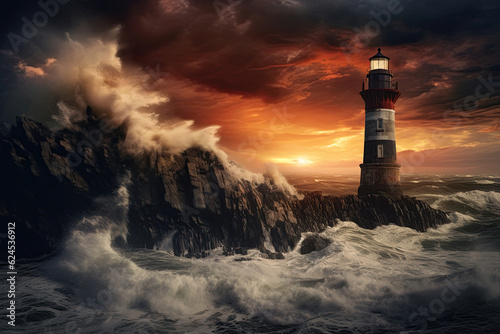 Lighthouse at sea with crashing waves and dramatic sky at sunset. Generative Ai