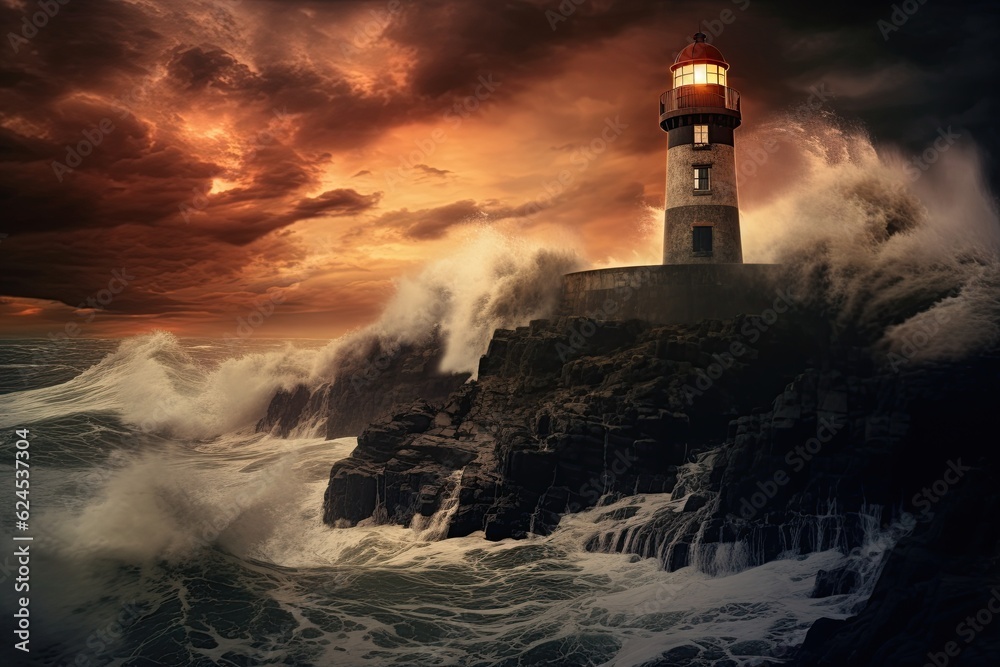Lighthouse at sea with crashing waves and dramatic sky at sunset. Generative Ai