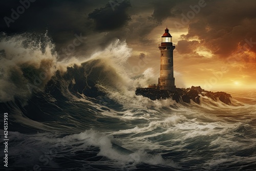 Lighthouse at sea with crashing waves and dramatic sky at sunset. Generative Ai © ArtmediaworX