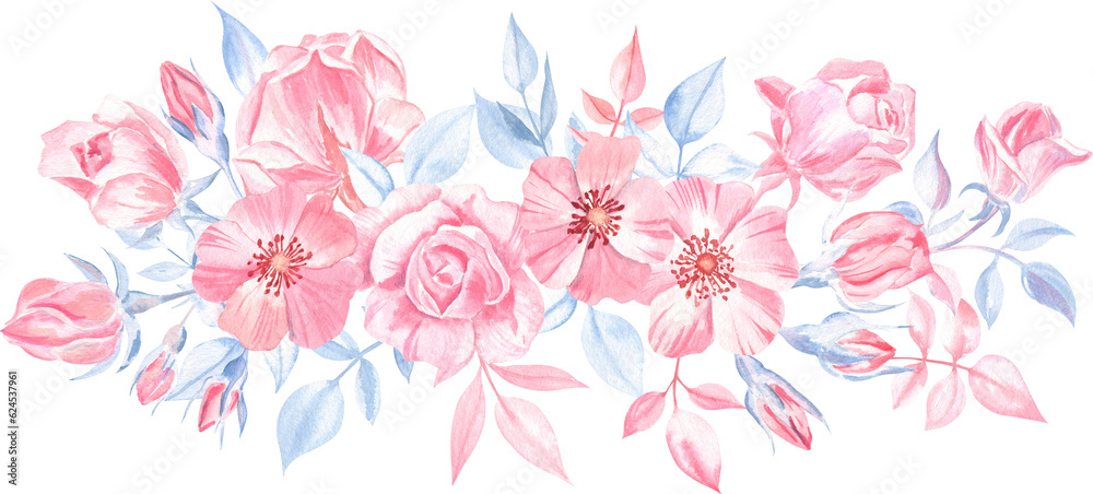 Watercolor composition of the pink roses and blue leaves. Pastel color palette. Perfect for the wedding invitations, greeting cards, mother's day cards, valentine's day, art prints, postcards