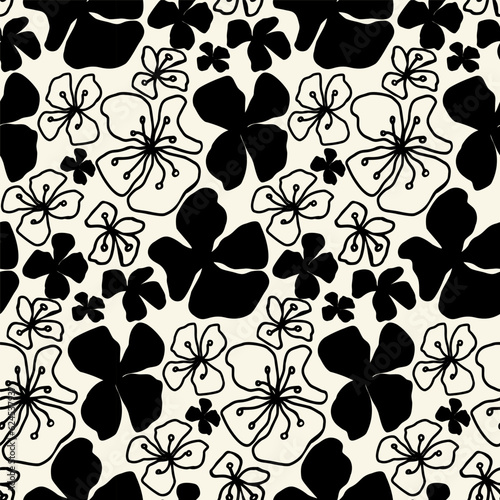 Floral seamless pattern with abstract flower and leaves. Monochrome line art and silhouette flower elements, vector background for surface design, fabric, textile, wallpaper