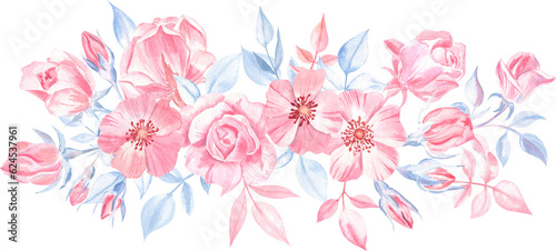 Wallpaper Mural Watercolor composition of the pink roses and blue leaves. Pastel color palette. Perfect for the wedding invitations, greeting cards, mother's day cards, valentine's day, art prints, postcards Torontodigital.ca