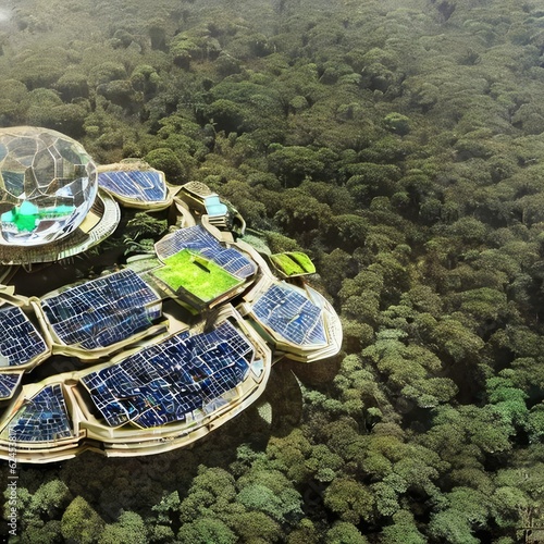 High tech solar punk structure in tropical forest in futuristic utopia style