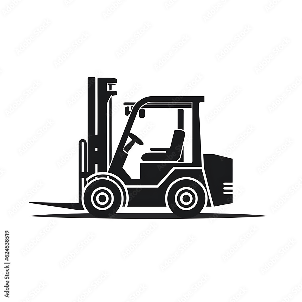 Forklift truck illustration, CNC solid black clean vector shape, white background
