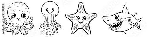 Fotografie, Obraz Sea animals - cute Octopus, Jellyfish, Starfish and Shark, simple thick lines kids or children cartoon coloring book pages