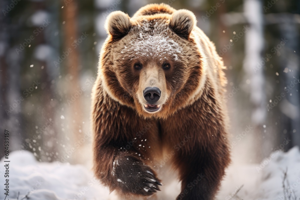 Obraz premium The sight of a brown bear running in a forest covered in snow.