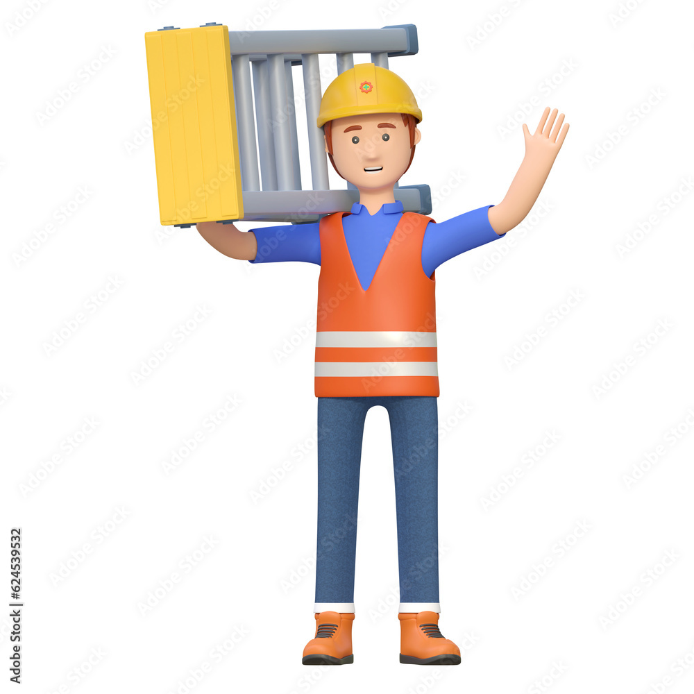 construction worker carrying ladder 3d cartoon character illustration