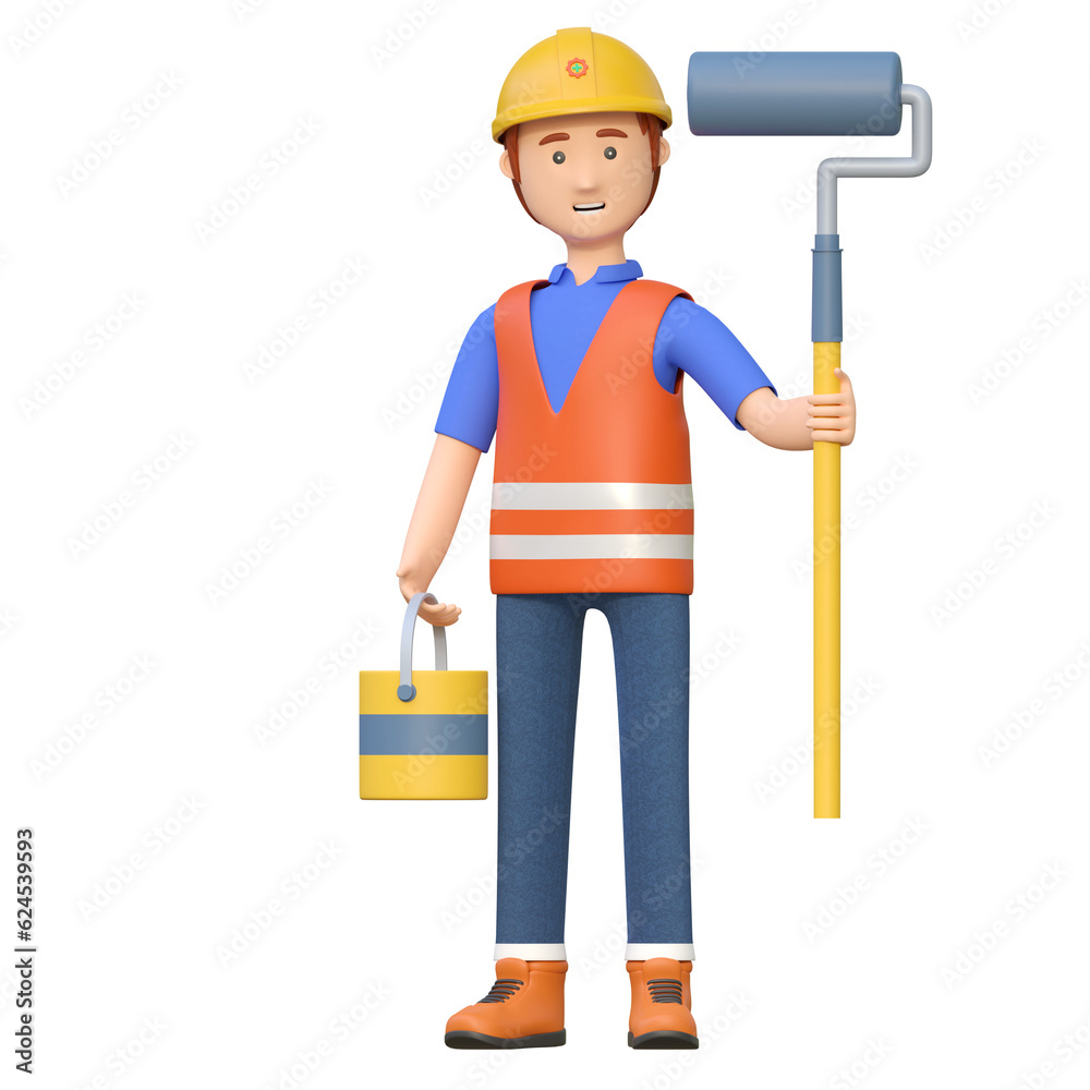 construction worker carrying paint roller and paint bucket 3d cartoon character illustration construction worker carrying paint roller and paint bucket 3d cartoon character illustration