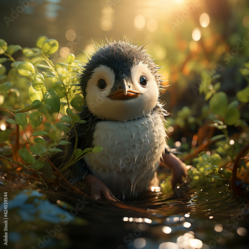 Sweet baby penguin in the outdoors Generative AI © EcoPim-studio