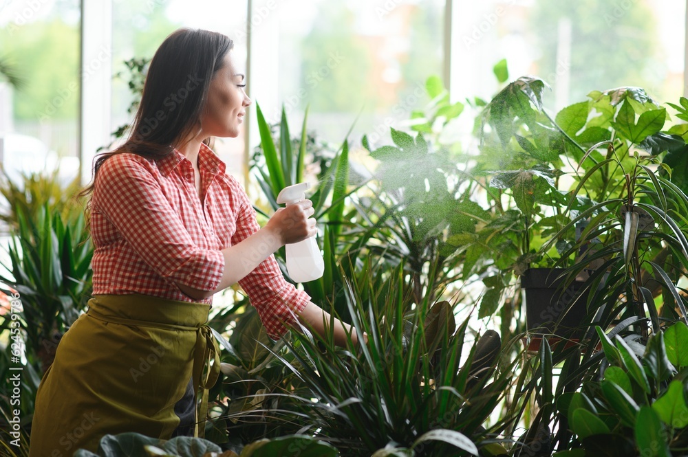 Woman florist working at her flower shop standing surrounded by plants Woman florist working at her flower shop standing surrounded by plants
