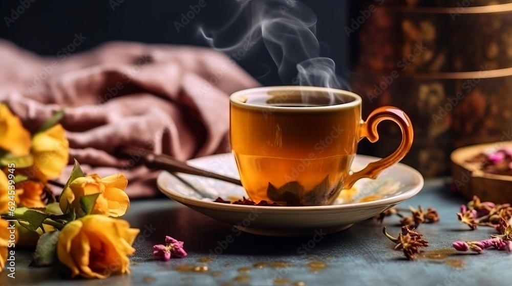 tea, delicious hot drink in a white cup with lemon, promo banner for advertising. Minimalistic background with tea leaves. copyspace.
Generative AI