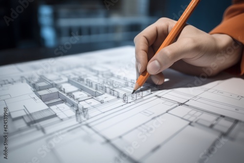 architect working on blueprint, Architecture: Architects Hand on Plans Creates a Vision in Orange and Indigo, White Office, Inspiring Skyscraper photo