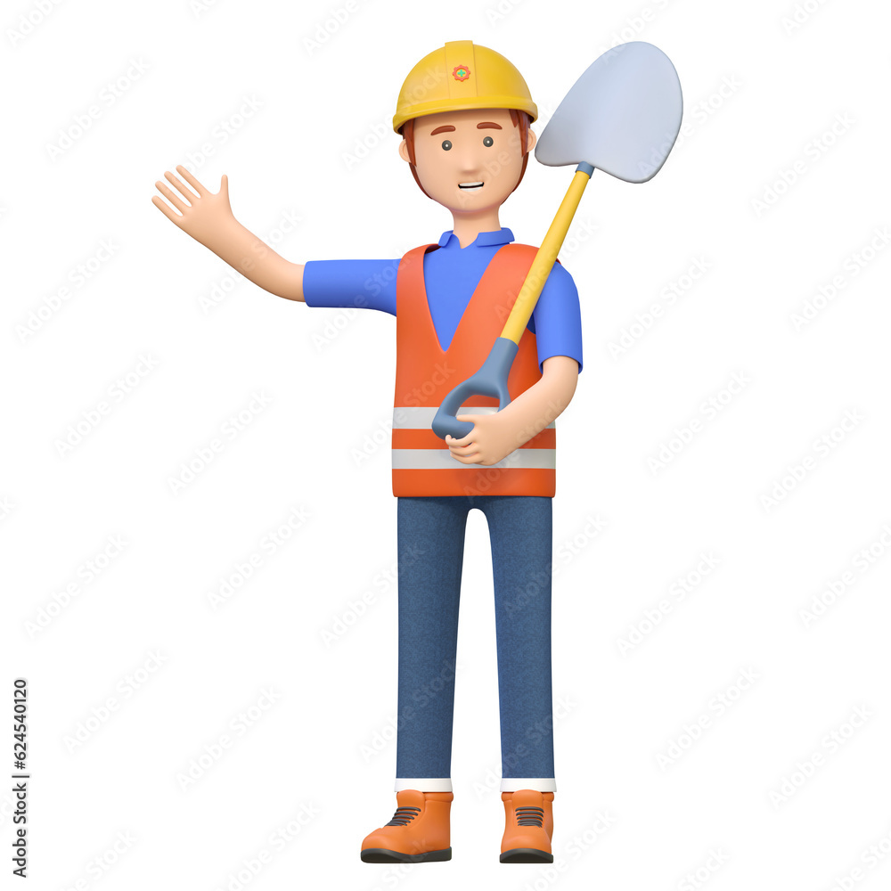 construction worker holding shovel 3d cartoon character illustration construction worker holding shovel 3d cartoon character illustration